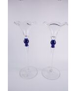 2x VINTAGE CANDLE HOLDER GLASS COBALT BLUE 12inch - €21,70 EUR