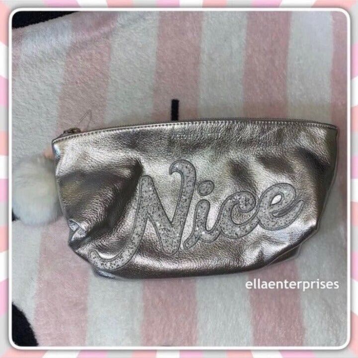 Primary image for Victoria's Secret Nice Pom Pom Silver Makeup Bag Case