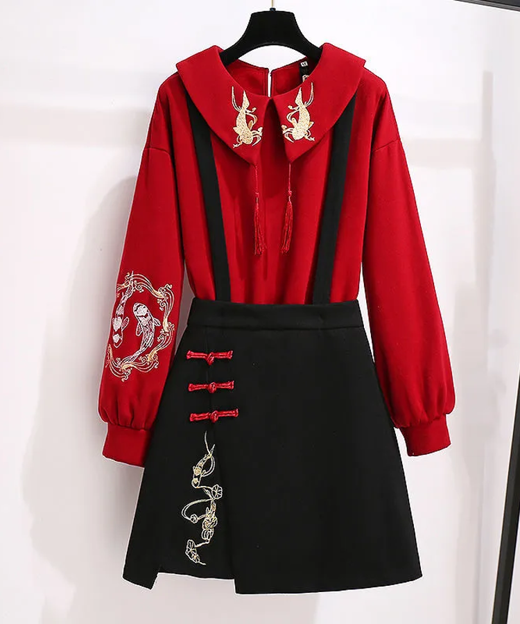 Embroidered Koi Fish Blouse and Suspender Skater Skirt Set - $59.99