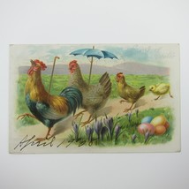 Easter Postcard Rooster Chickens Umbrella Colored Eggs Tuck Embossed Ant... - £7.82 GBP