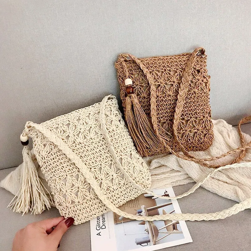 Summer Women Straw Shoulder Bag Hand-Woven Crochet Beach Crossbody Bag Purses - £10.30 GBP