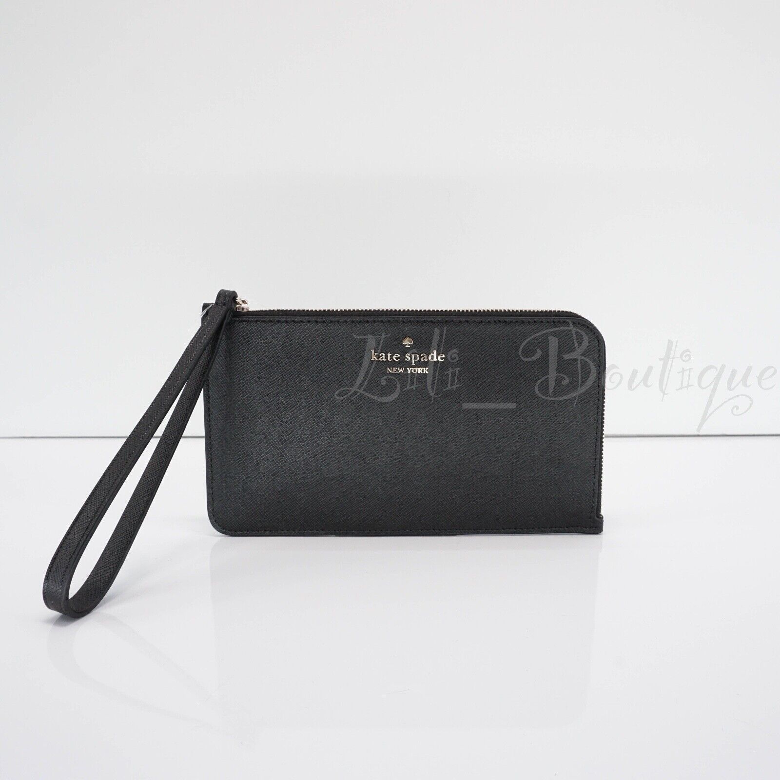 Primary image for NWT Kate Spade KD546 Lucy Medium L-Zip Wristlet Saffiano Leather Gold Tone Black