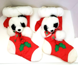 Panda Bear red Christmas Stocking 16&#39;&#39; set of 2 stuffed animal Korea - £32.47 GBP