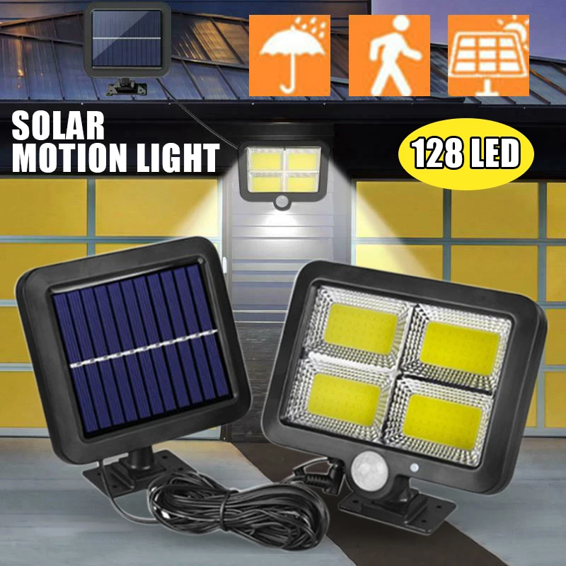 128 LED Solar Light Lamp with Motion Detector Outdoor Garden Wall Spotlight - £20.95 GBP