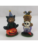 Set of 2 Halloween Cat Jack O&#39;Lantern &amp; Jester Skull 3.5&quot; Teddy Bears Fi... - $16.28 CAD