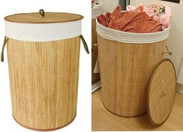 Round Bamboo Collapsible Laundry Basket Eco Friendly With Lid And Cloth Liner - £17.02 GBP