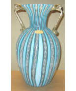 Vintage ICET Venezuela ARTE Blue &amp; Clear Glass Stripped Murano Glass Vase - $271.69 CAD