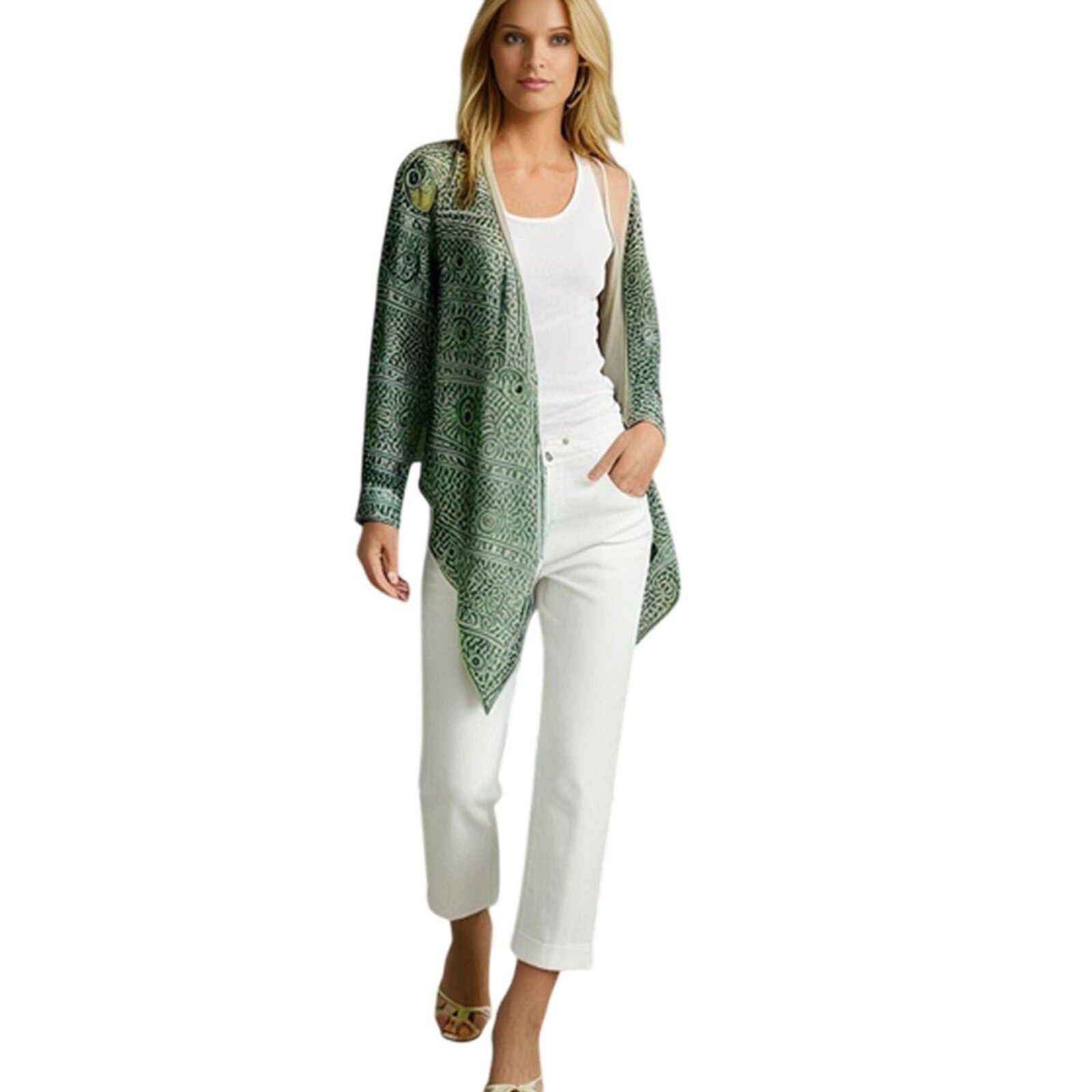Body Central Sheer Green Graphic Print Tie Open Front Top Size M  - $14.85