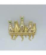 6 CATS ON A MANTLE With Dangling Tails Green Eyes Vintage Gold Tone Broo... - £10.35 GBP