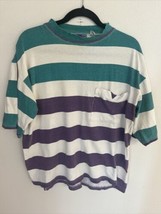 Men&#39;s Vintage 90s Santana Striped Casual Green Purple Tee Shirt Size S - £18.06 GBP