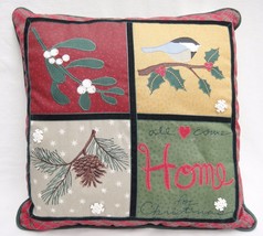 Home For Christmas Pillow Red and Green Tartan Plaid Bluebird Mistletoe ... - £11.09 GBP