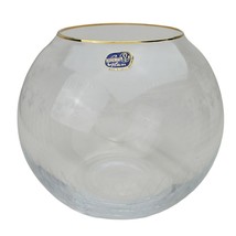 Bohemian Glass Etched Clear Round Bowl Vase Candle Holder Gold Trim Vintage 6.5&quot; - £31.63 GBP