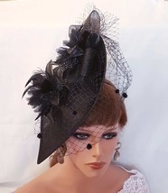 BLACK  HAT Fascinator with Silk flowers Feathers Chenille Spot French Ne... - £55.05 GBP