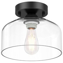 Semi Flush Mount Ceiling Light - Clear Glass Pendant Lamp Shade, Matte Black Fin - £43.01 GBP
