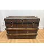 Vintage WOOD STEAMER TRUNK chest coffee table storage box antique brown ... - £78.21 GBP