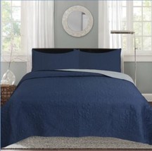 Santee Navy And Light Gray Color Reversible Bedspread Set 3 Pcs Queen Size - £35.60 GBP