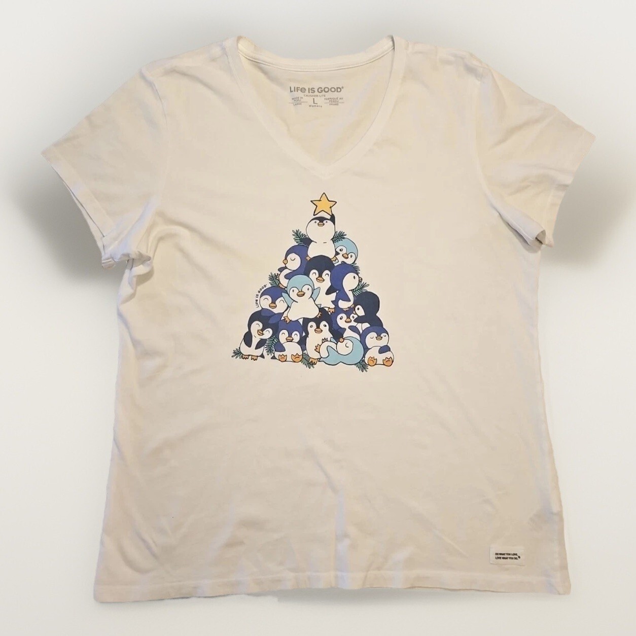 Life is Good Christmas Shirt Crusher T Womens L Penguin Tree White Short Sleeve Item image 4