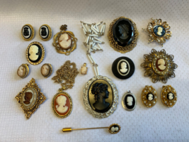 Vtg Cameo Jewelry Lot Faux Pearl Rhinestone Beaded Clip-On Carved - £150.31 GBP