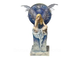 Shimmer Fairy Princess Perched on Marble Tower Thrown Polystone Sculptur... - $58.86
