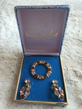 Vintage Camelot Rhinestone Brooch and Clip Earrings Gold Tone Pink Purple Stones - £61.11 GBP