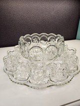 Tiffin Franciscan Clear Glass Moon &amp; Stars Punch Bowl With Underplate &amp; 12 Cups - £120.10 GBP