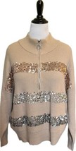 Nine West Sweater Size XXL Tan Gold Silver Sequin Striped 1/4 Zip Pullov... - $44.55