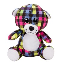 Peek-A-Boo Toys Teddy Bear Plush 10&quot; Seated Plaid Blue Pink Yellow White - £14.11 GBP