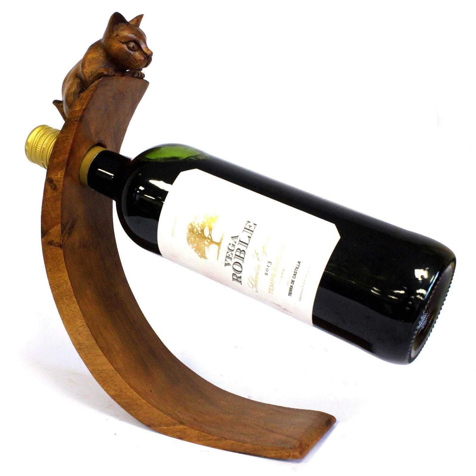 unique Suar wood, hand-carved Balance Wine Holders - Cat.Perfect gift item, for