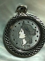 Vintage Large Faux Silver Coin Encased in Clear Covering &amp; Etched Frame Pendant  - £6.93 GBP