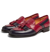 Two Tone Red&amp;Black Tassels Loafer Slip On Fringed Patina Apron Toe Leather Shoe - £109.85 GBP