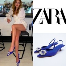 Zara Blue Rhinestone Slingback Heeled Mules Sandals Jewel Shimmery Bloggers fav - £59.37 GBP
