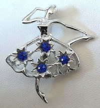 GERRY&#39;S Ballerina Scatter Pin Brooch Blue Rhinestones Silver Tone Setting 1960s - £11.95 GBP