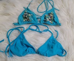 2 Swim Tops Triangle Aqua Color  Size XS/ S Unlined Sequined Beaded  - £11.64 GBP