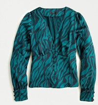 New J Crew Women Deep V-neck Green Black Zebra Print Long Sleeve Blouse ... - £23.73 GBP