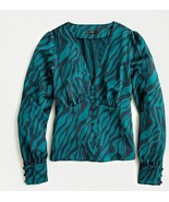 New J Crew Women Deep V-neck Green Black Zebra Print Long Sleeve Blouse ... - £23.86 GBP