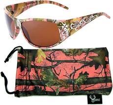 Pink Camo Rhinestone Sunglasses w/bag Ladies Polarized UV400 No Glare Amber Lens - £37.92 GBP