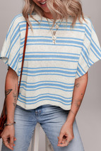 Sky Blue Stripe Boxy Fit Wide Sleeve Sweater T Shirt - $251.77 MXN