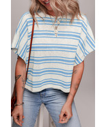 Sky Blue Stripe Boxy Fit Wide Sleeve Sweater T Shirt - $246.28 MXN
