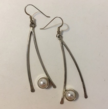 Single White Pearl Earrings Sterling Silver Handcrafted Designer Pierced... - $85.00
