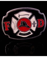 FireFighter Buckle - red black enamel Vintage Fireman buckle belt buckle... - £35.39 GBP