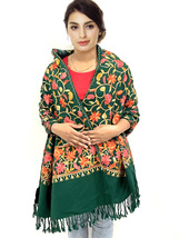 Women&#39;s Kashmiri Green Color Stole Ethnic Flower Embroidered Wool Shawl Cashmere - £62.48 GBP