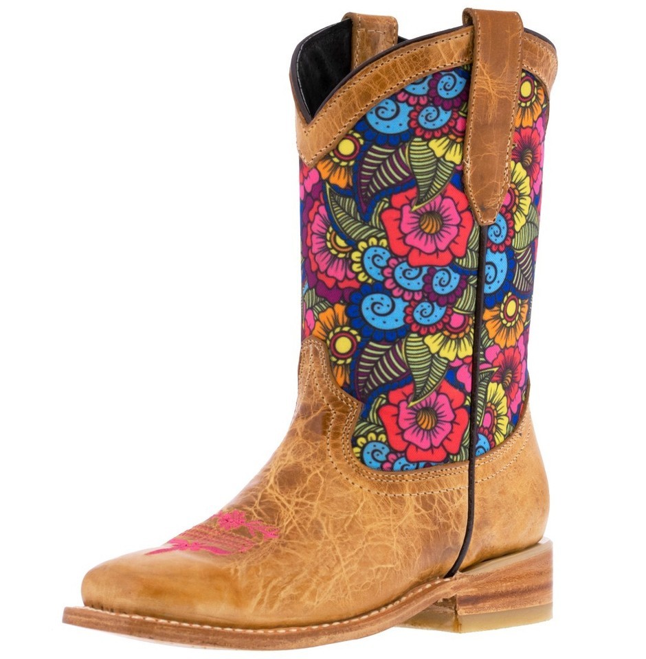 Kids Girls Leather Western Boots Sand Leather Flowers Square Toe Size 9,... - $54.99