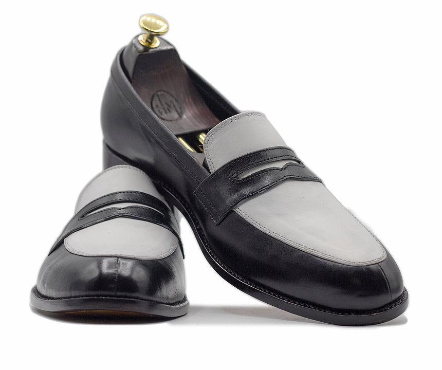 Men's Handmade White Black Leather Round Toe Loafers, Men Fashion Party Loafers
