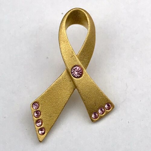 Avon Pink Stone Ribbon Pin Gold Tone Breast Cancer Awareness - $12.85