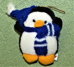 Vintage Fun World Penguin Plush Christmas Ornament 4&quot; Black White Blue Hat Scarf - £7.57 GBP