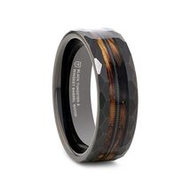 Black Tungsten Ring - Charred Whiskey Barrel Wood &amp; Guitar String Inlay ... - $150.00