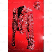 New Men&#39;s Red Rock Punk Silver Long Spiked Studded Leather Brando Jacket-600 - £339.76 GBP