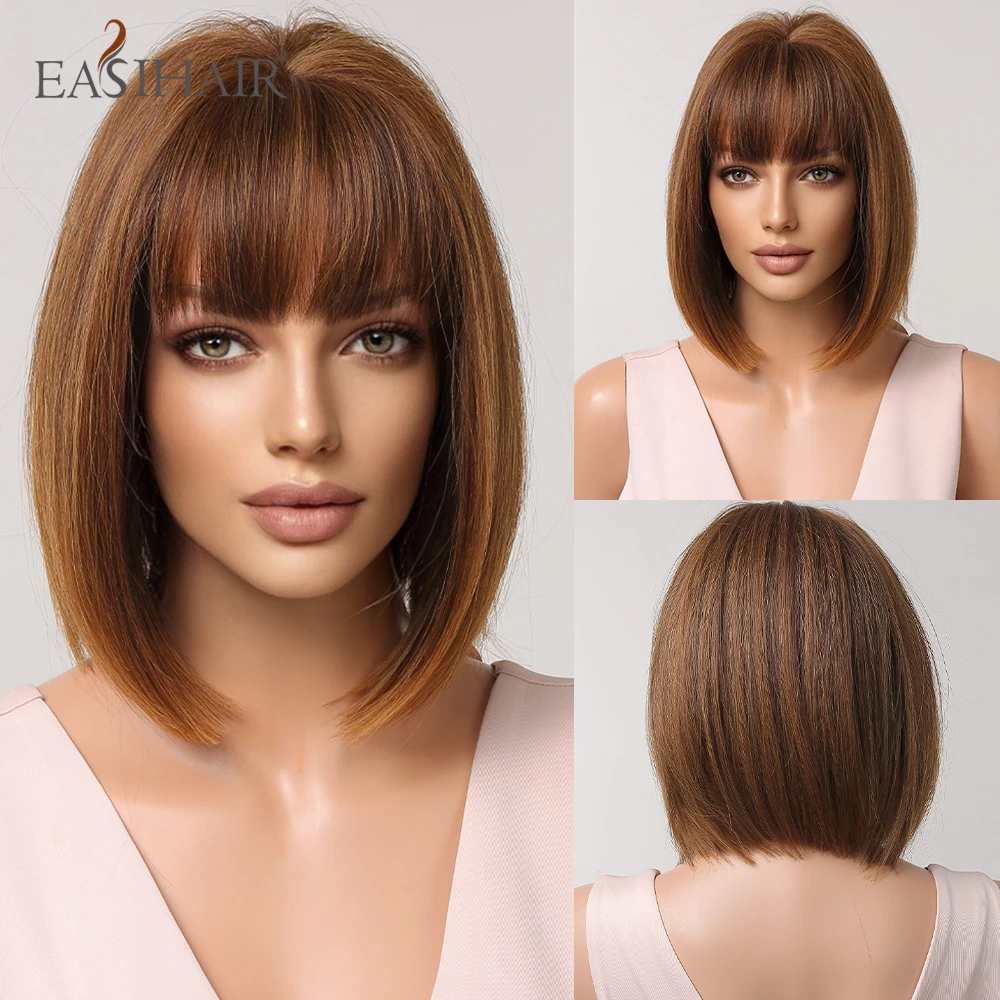 EASIHAIR Short Straight Synthetic Wigs with Bangs Light Brown Golden Bob Ha - £9.90 GBP+