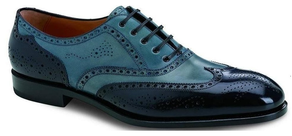 Men Two Tone Blue Full Brogues Toe Wing Tip Oxford Genuine Leather Shoes US 7-16
