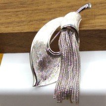 Vintage Open Leaf Brooch with Tassel, Elegant Articulated Pin on Brushed Silver - $31.93